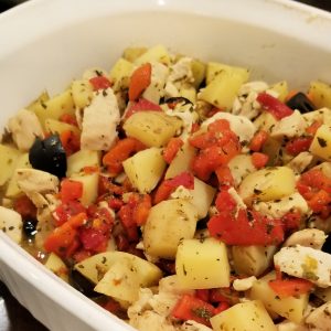 This delicious recipe is super simple. It's got chicken, peppers, and potatoes. This all in one casserole style dinner is great for those super busy weeknights.