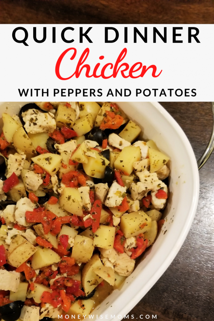 Pin showing the finished chicken peppers and potatoes recipe ready to eat with title at the top. 