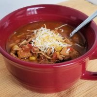 chicken tortilla soup in red mug with spoon