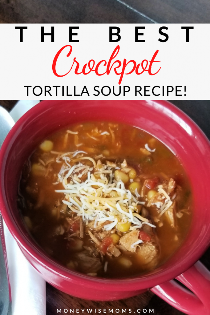 pin showing the finished slow cooker tortilla soup ready to eat.