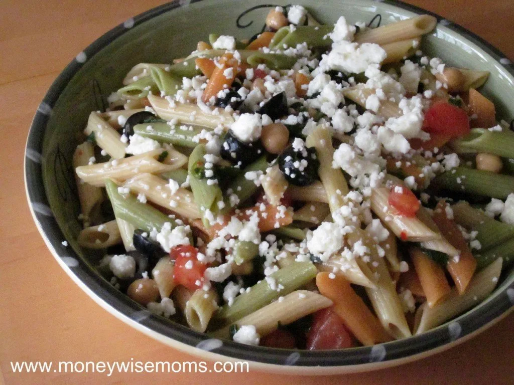 feta spinach pasta salad in bowl