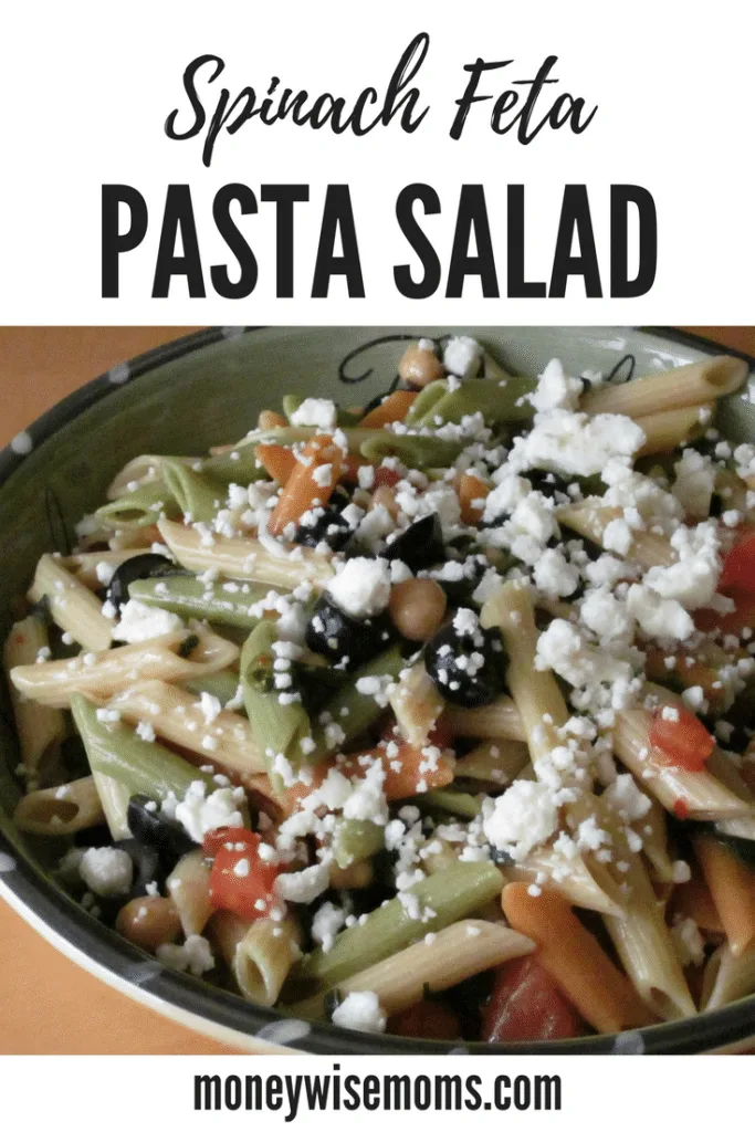 spinach feta pasta salad in Italian bowl