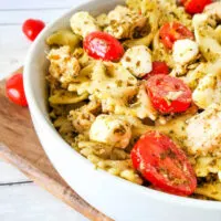 close up look at the finished chicken pesto pasta salad