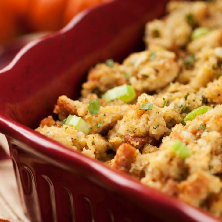 Thanksgiving stuffing in red dish