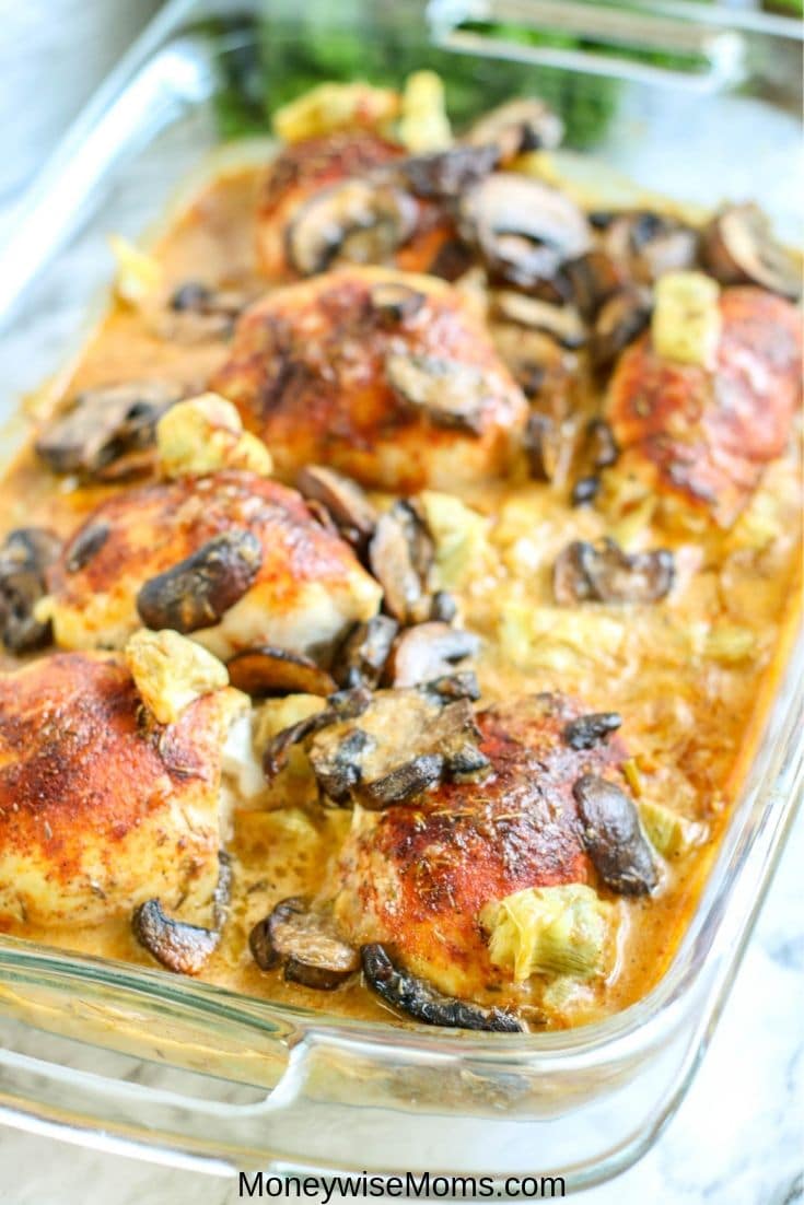 Baked chicken with mushrooms and artichokes is a great dinner recipe for the whole family. This mushroom and artichoke chicken comes with a rich and creamy sauce that is very indulgent. You'll be glad you tried this one! 