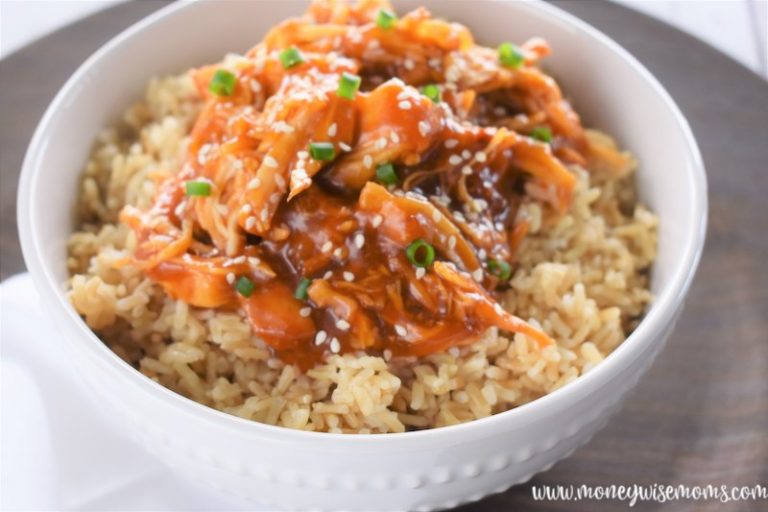 A close up view of the finished chicken teriyaki in the slow cooker.
