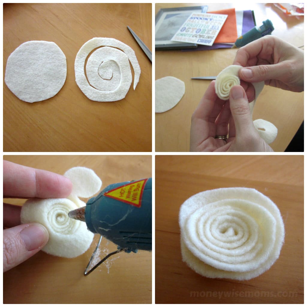 using white felt to make roses with glue gun