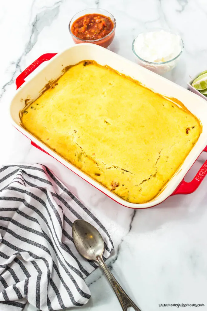 baked cornbread topping on the casserole
