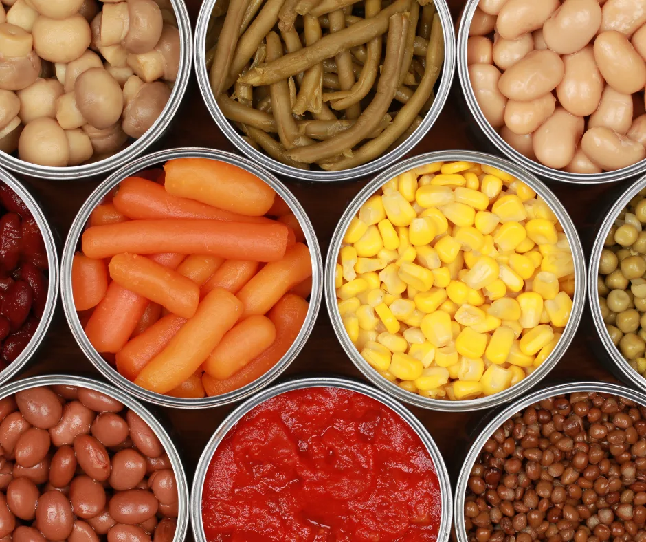 Variety of canned foods: green beans, corn, carrots, mushrooms, beans and tomatoes - how long does canned food last