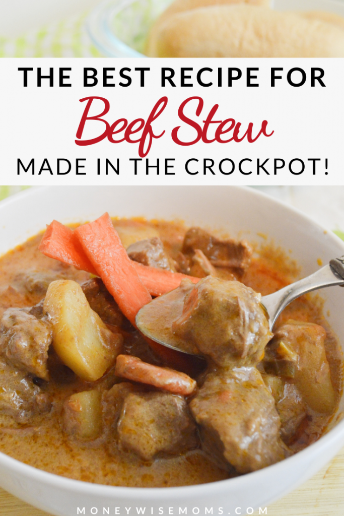 Pin showing the finished slow cooker beef stew with title at the top. 
