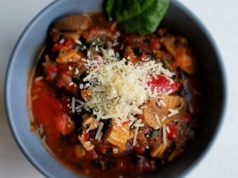 Crockpot Tuscan Chicken Soup in gray bowl