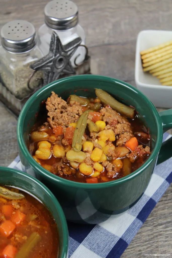 A bowl of finished slow cooker hamburger soup