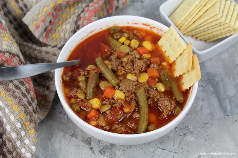 A finished bowl of hamburger soup ready to eat