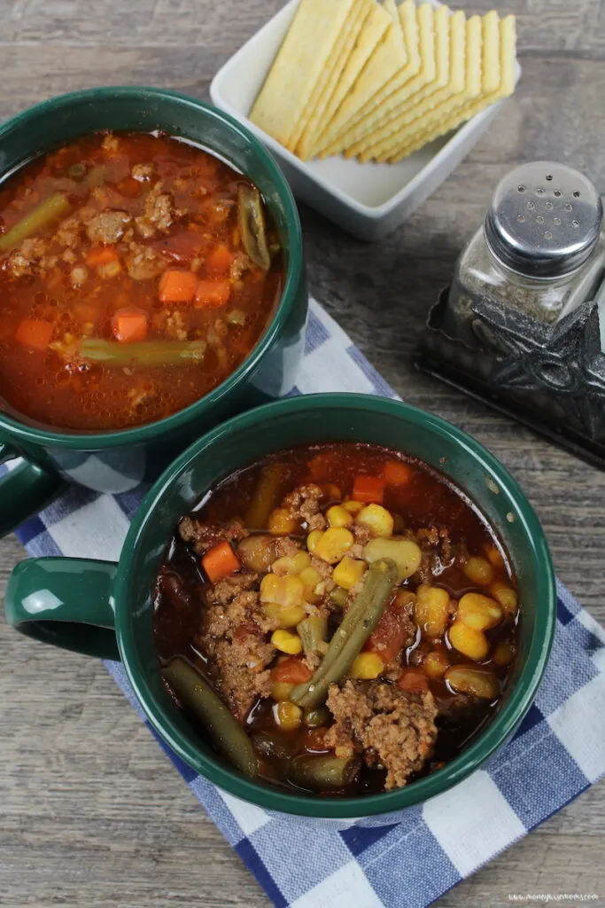 Top down look at the finished slow cooker soup ready to serve. 