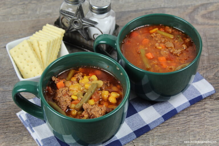 Featured image showing the finished hamburger soup ready to serve