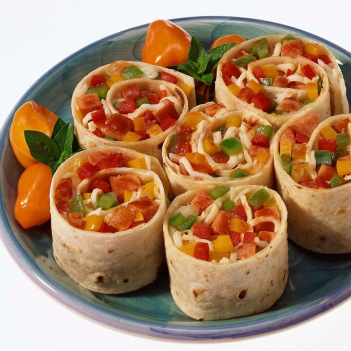 tortilla rollup pinwheel appetizers on gray plate