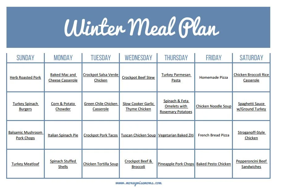 Ultimate Winter Meal Plan Calendar - easy frugal meals