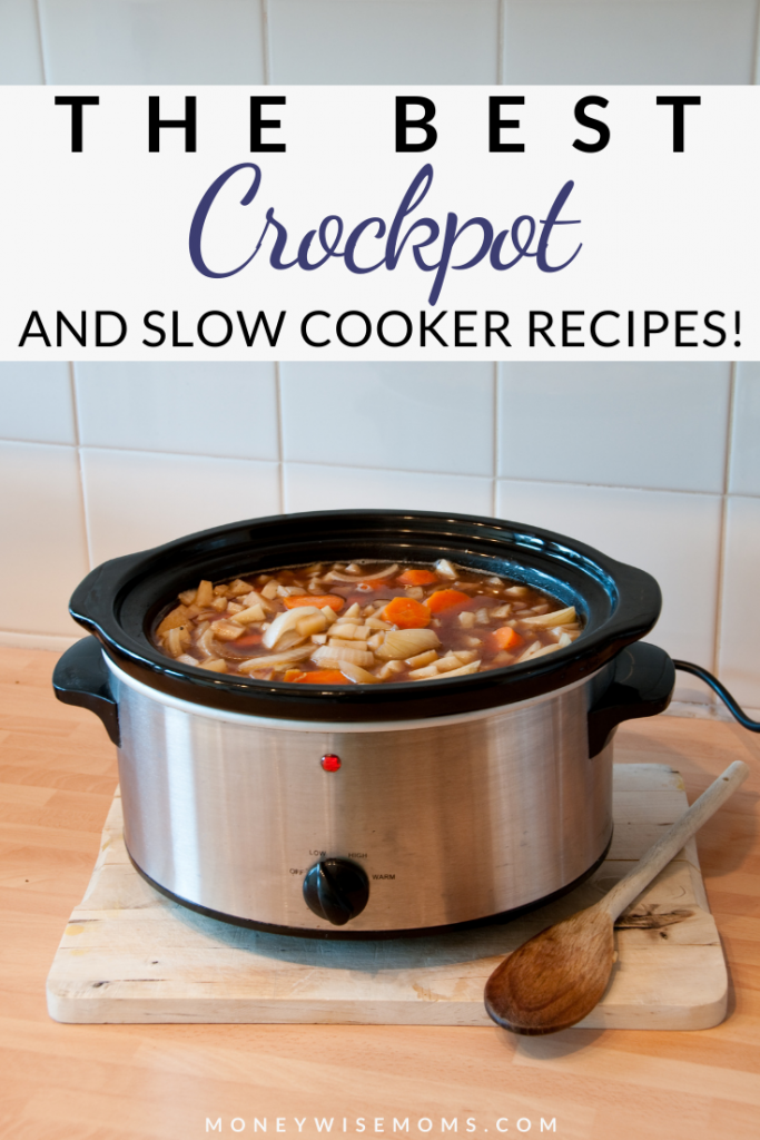 Pin showing a crockpot will dinner ready to be enjoyed and the title across the top.