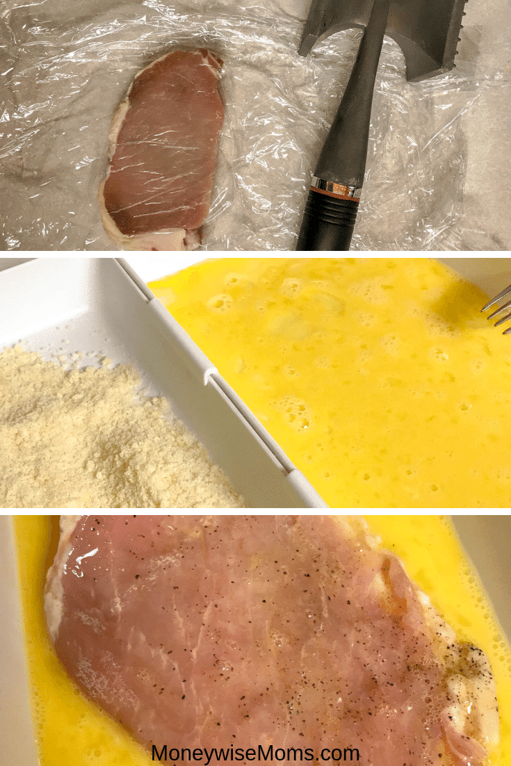 process images of making breaded pork chops.