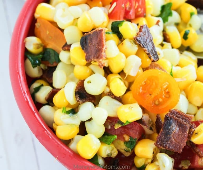 Looking for a new way to serve up some vegetable side dishes? This delicious corn salad with bacon is quick, easy, and delicious. The whole family will love this easy vegetable salad. It's a great picnic recipe as well. 