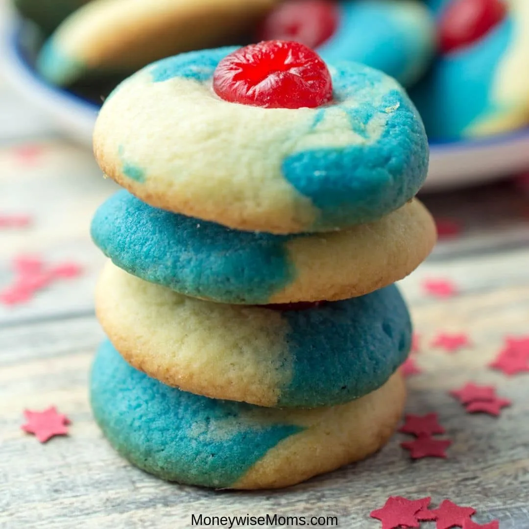 square image of a stack of finished patriotic cookies.