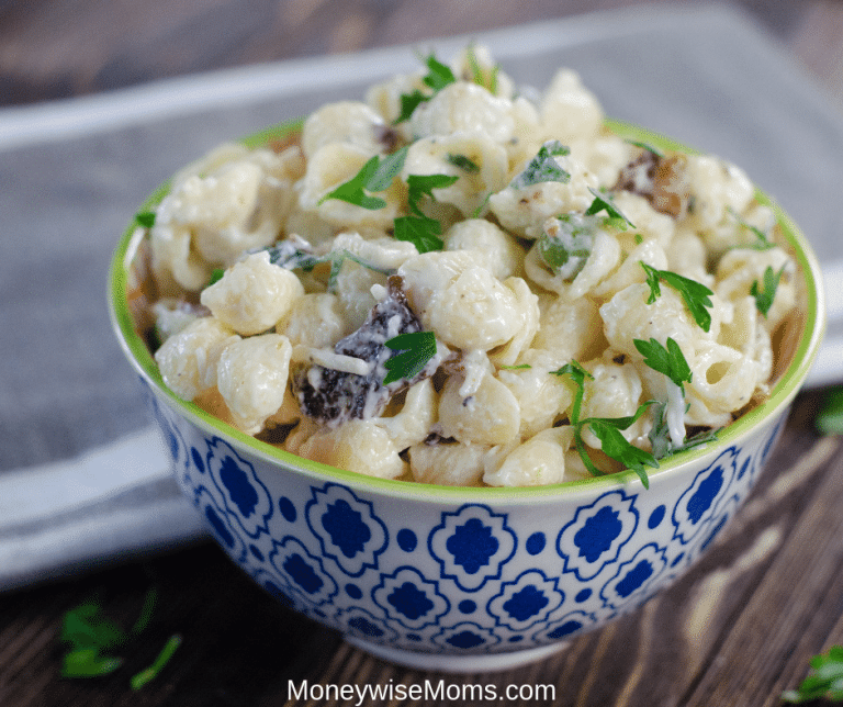 Creamy Bacon Parmesan Pasta Salad in a blue and white bowl, ready to eat.