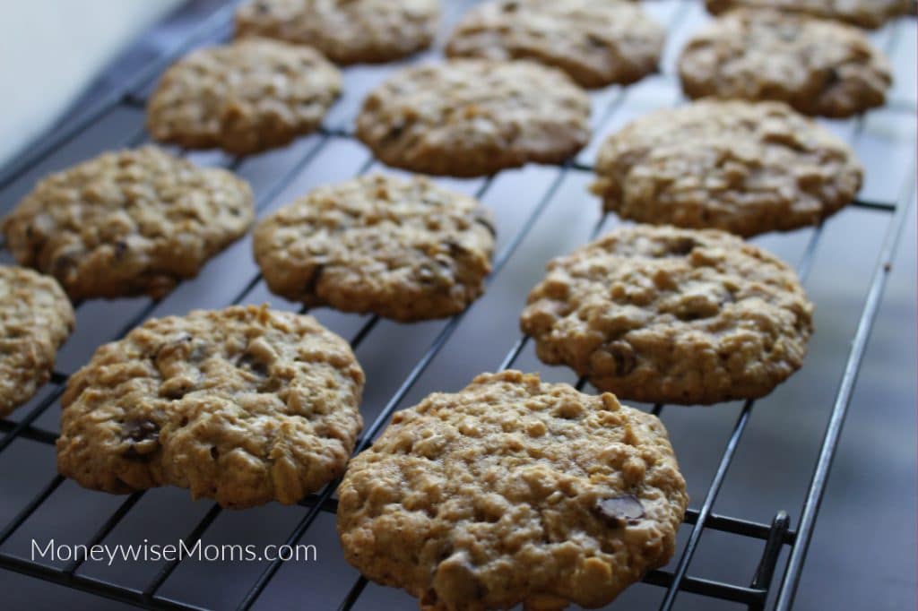 Chocolate Chip Oatmeal Cookies cooling on rack