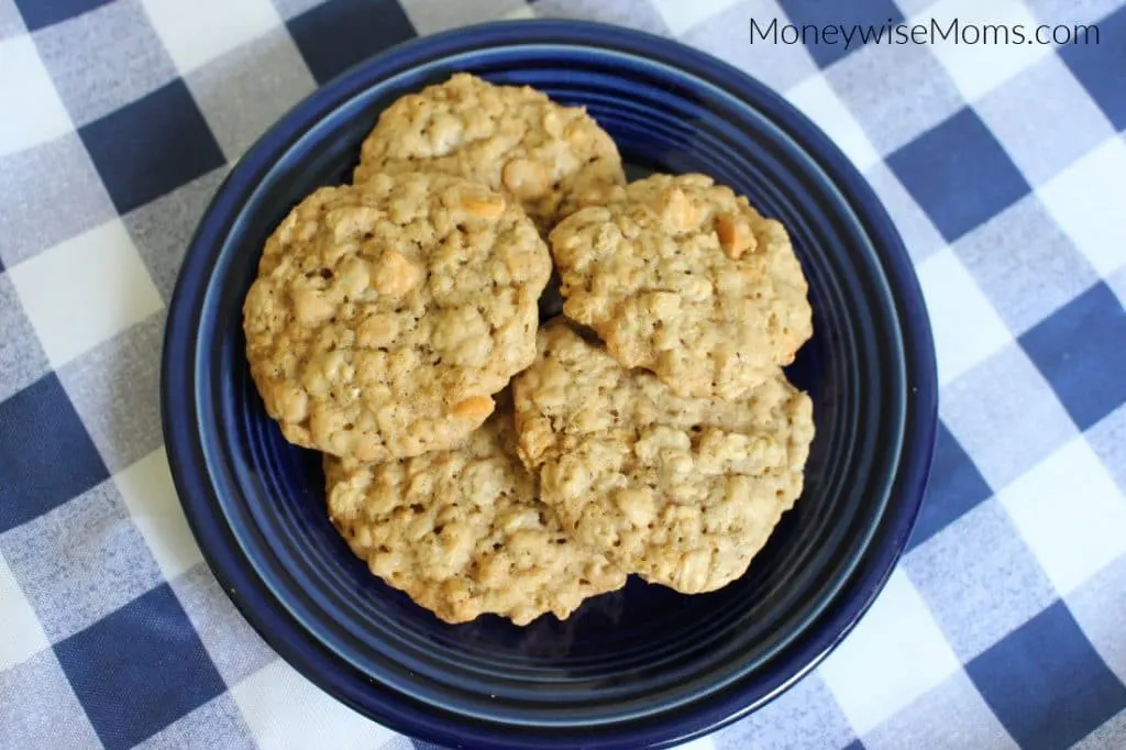 Blue plate of oatmeal butterscotch cookies
