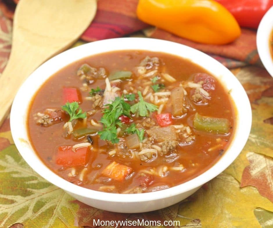 Stuffed pepper soup is an easy weeknight dinner. You can easily make this great family friendly dinner from pre-cooked ingredients! Check out how easy it is to meal prep with this recipe below! 
