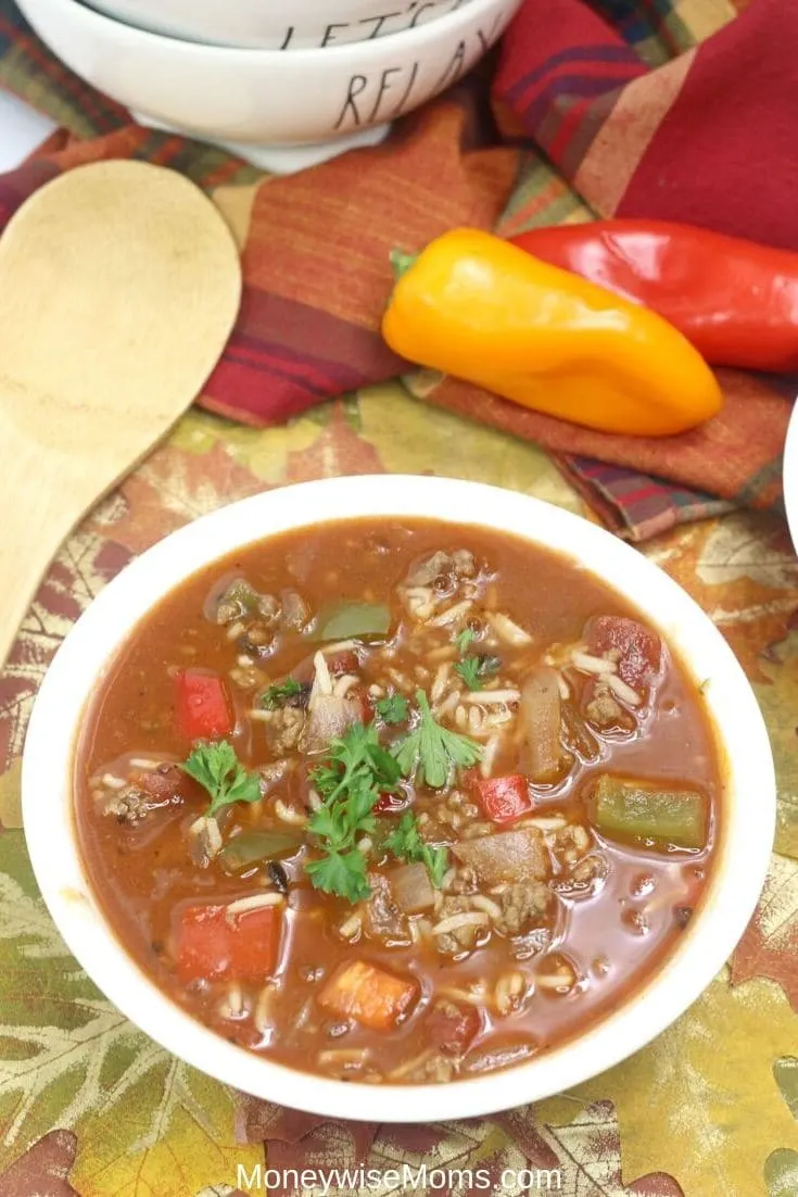 Stuffed pepper soup is an easy weeknight dinner. You can easily make this great family friendly dinner from pre-cooked ingredients! Check out how easy it is to meal prep with this recipe below! 