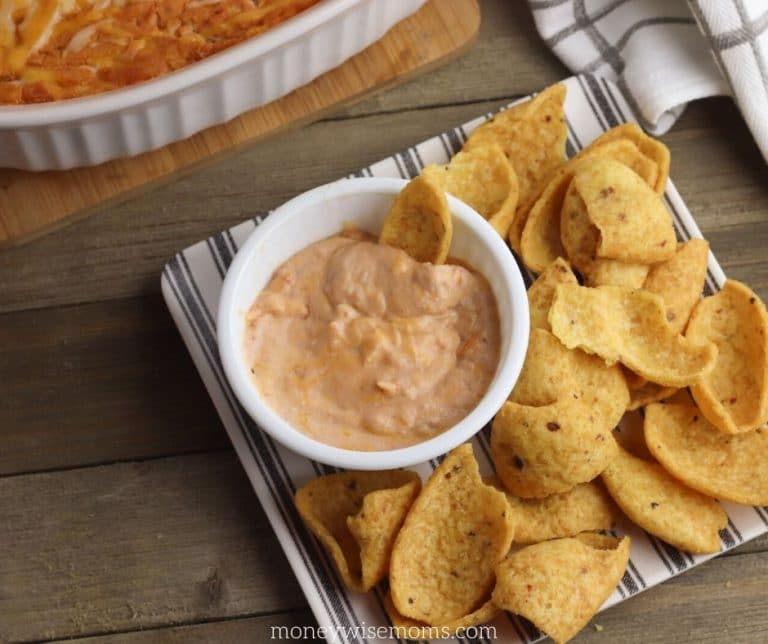 Finished cheesy bean dip in a dish ready to be eaten