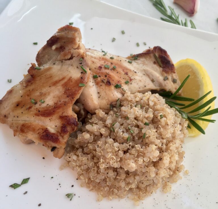 In a small bowl, combine ½ of the lemon zest and juice with the garlic and rosemary and stir to combine. Place remaining lemon zest in an airtight container and freeze for future use in marinades, soups, or salad dressings. Reserve remaining lemon juice and set aside. Unroll chicken thighs, if necessary, to expose entire surface area. Season with salt and pepper, if desired. Place chicken thighs in a large, sealable plastic bag and pour marinade on top. Seal bag and turn several times to ensure chicken is evenly coated. Place bag in the refrigerator to marinade for at least 30 minutes or overnight. When ready to cook, heat olive oil in a large skillet over medium-high heat. Remove chicken thighs from bag, allowing excess marinade drip off before transferring to another dish. Discard remaining marinade. Working in batches if necessary, add chicken thighs to hot skillet and cook until browned on each side, approximately 3-4 minutes per side. Transfer thighs to a clean serving platter and set aside. Add remaining lemon juice and ¼ cup water, if necessary, to hot skillet to deglaze. Gently scrape surface of pan with spatula to remove any browned bits. Bring liquid to a boil and then reduce heat to medium-low. Return chicken thighs to skillet and simmer for 3-4 minutes or until chicken is cooked through. Season with additional salt and black pepper, to taste. Remove from heat and serve immediately with your choice of sides.
