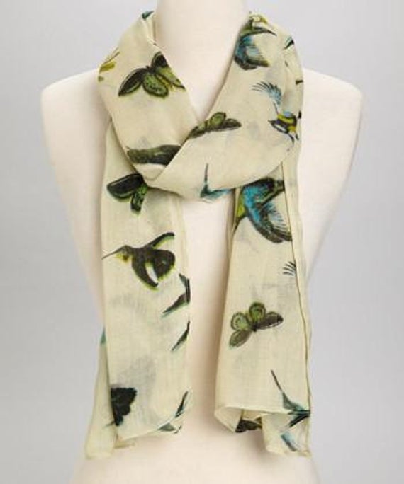 Cream Pink Birds Flowers Printed Thick Silk Square Scarf 