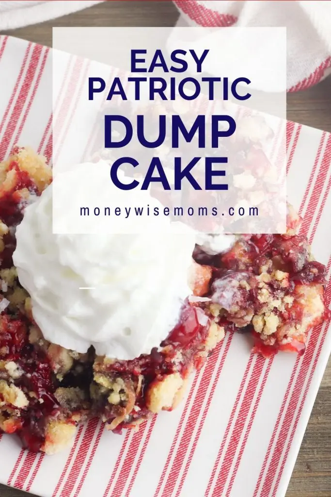 Strawberry Blueberry Coconut Dump Cake on a plate with whipped cream