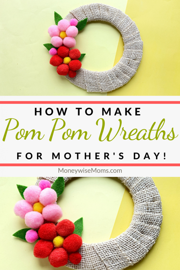 This beautiful pom pom wreath makes a great Mother's Day gift. It's a cute, DIY project you can make at home with very little in materials or cost. This is a simple Mother's Day wreath that you can customize!