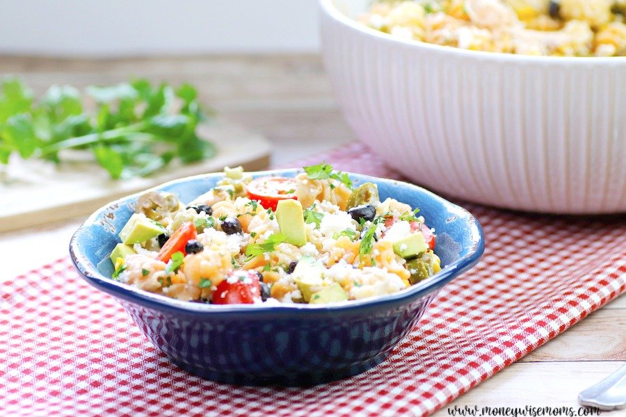 A serving of mexican street corn salad in a dish ready to eat.