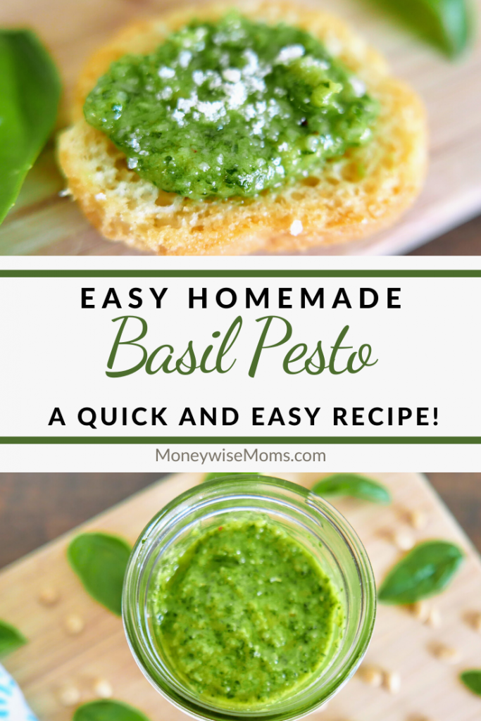 Pin showing the finished homemade basil pesto recipe. 