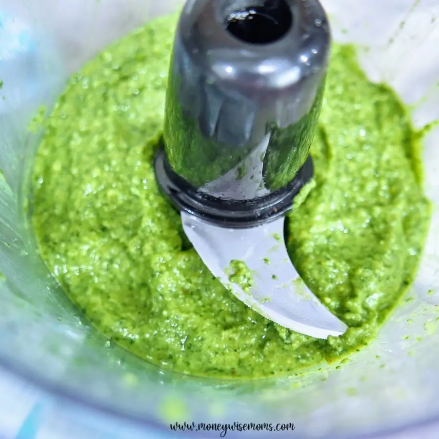 Another look at the homemade basil pesto being made in the food processor. 