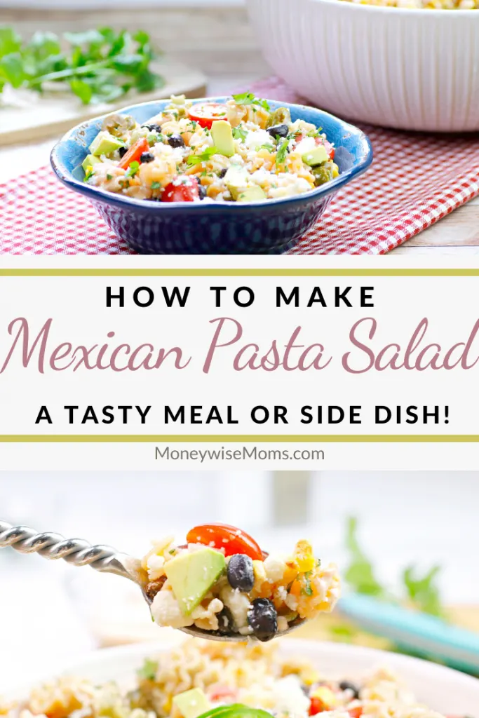 Another pin showing the title and the finished recipe for Mexican pasta salad.