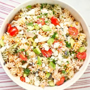 A bowl of the finished pasta salad ready to eat.