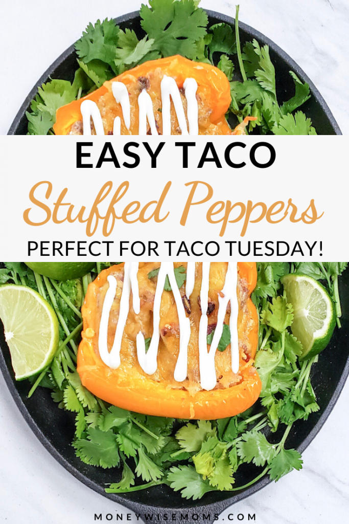 A pin showing the finished taco stuffed peppers with the title in the middle. 