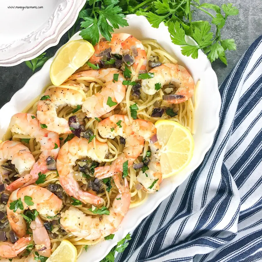 A top down look at a platter full of the finished shrimp scampi ready to be served and enjoyed.