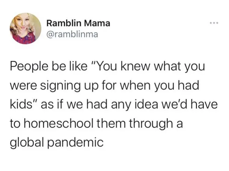 Tweet from Ramblin Mama about homeschooling while working