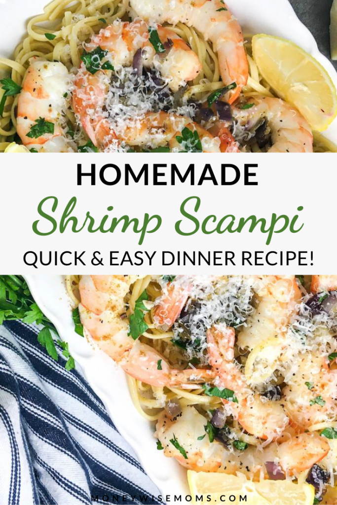 A pin showing finished images of the shrimp scampi with the post title in the middle.