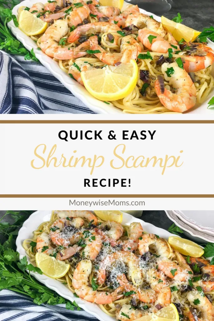 Pin showing the finished recipe for easy shrimp scampi with title in the middle.