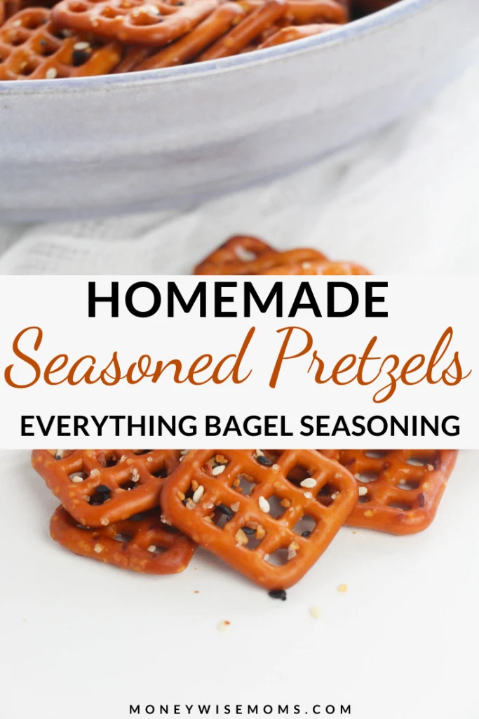 Pin showing the finished everything bagel seasoning pretzels ready to eat. 