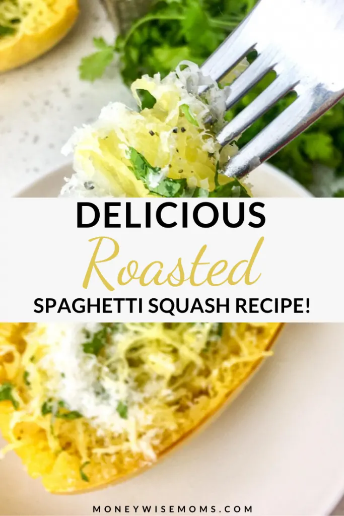 A pin showing the delicious roasted spaghetti squash ready to be served.
