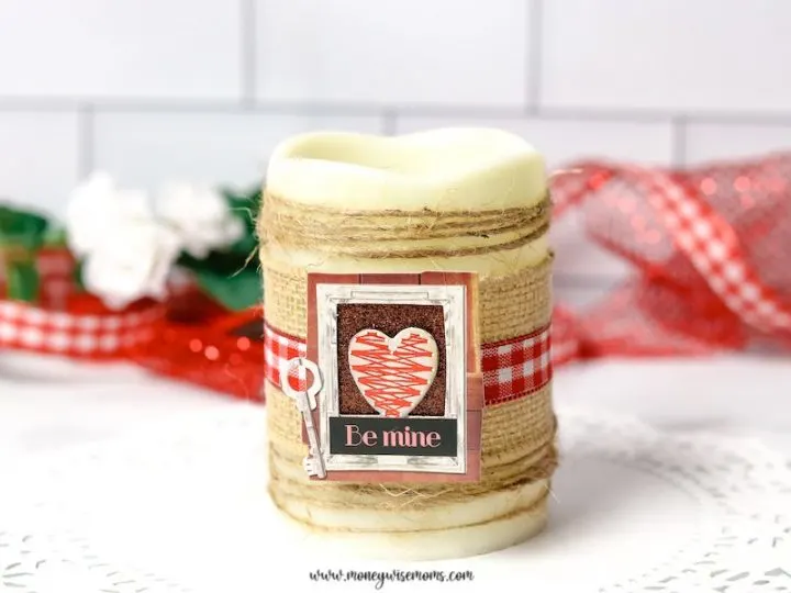 Featured image showing the finished dollar tree valentine candle craft.