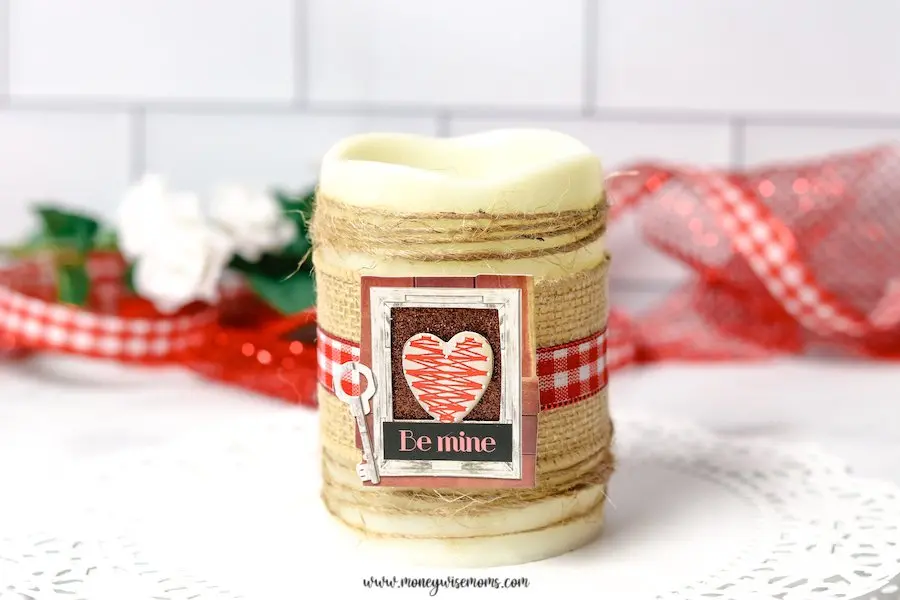 Featured image showing the finished dollar tree valentine candle craft.