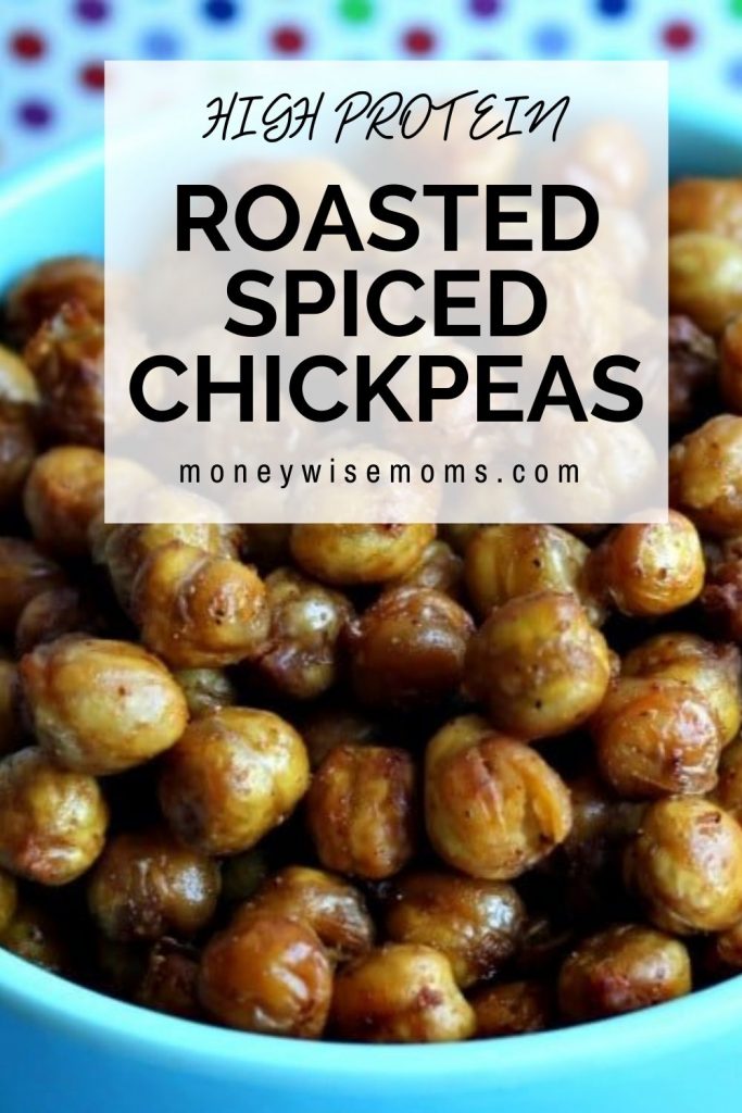 Finished roasted spiced chickpeas in blue bowl